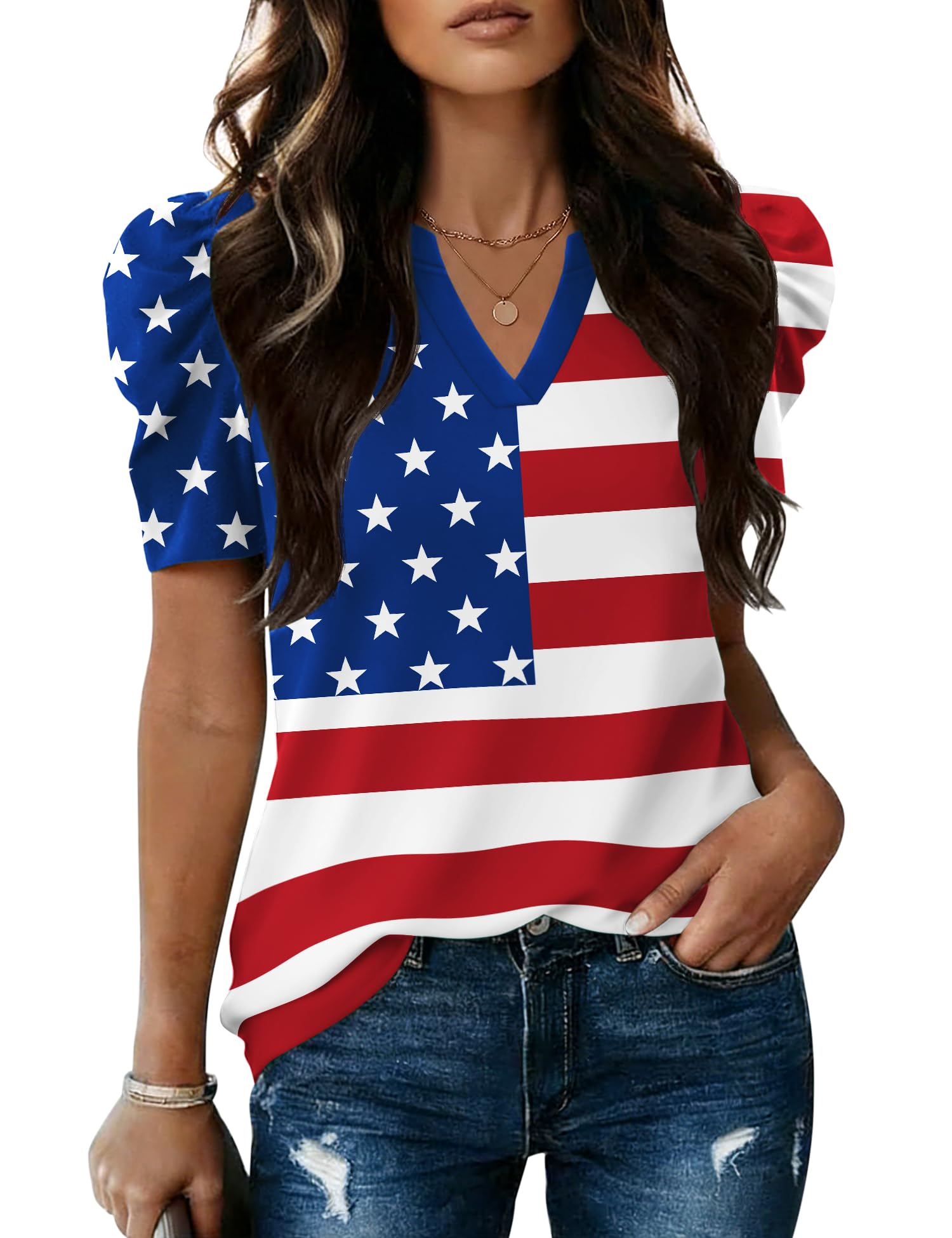 LOMON Spring Summer Tops for Women 2026 V Neck Puff Short Sleeve Tops Fashion Trendy Work Blouses Dressy Casual S-XXL