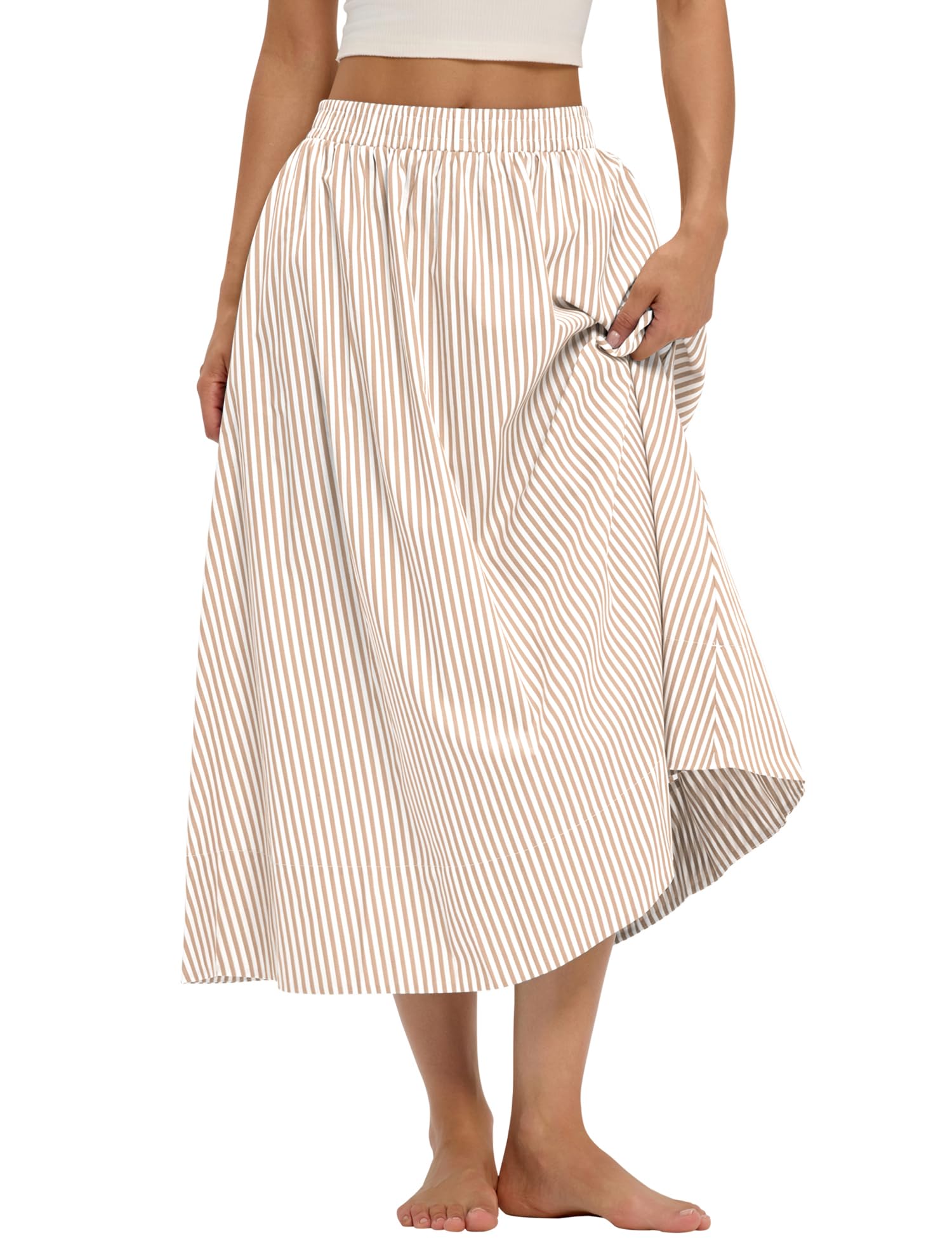 LOMON Midi Skirts for Women A-Line Cotton Flowy Maxi Skirt Boho Summer Beach Casual Elastic Waist Dress Outfit with Pockets