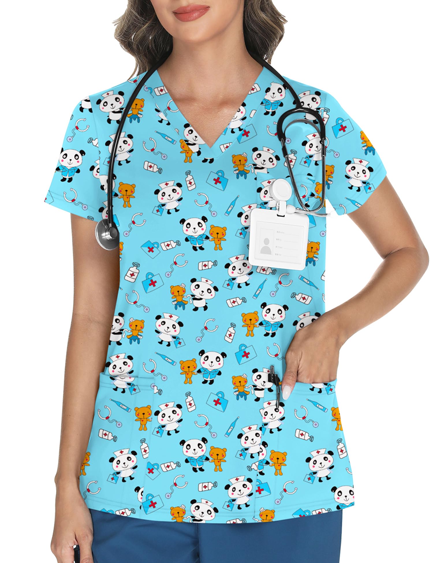 LOMON Women's V Neck Printed Scrub Top with 3 Pockets