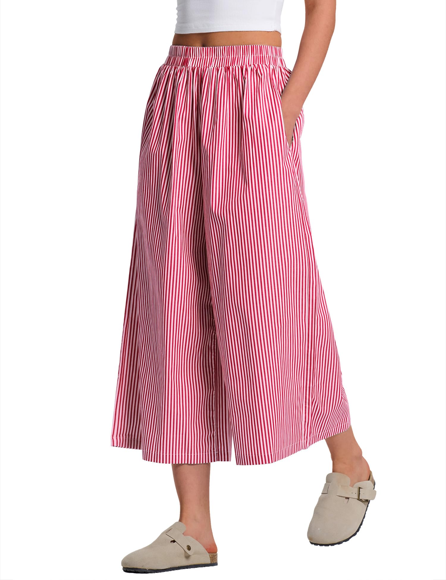 LOMON Womens Wide Leg Capri Pants Gingham Plaid Culottes Summer Elastic Waist Palazzo Trousers Bottoms with Pockets