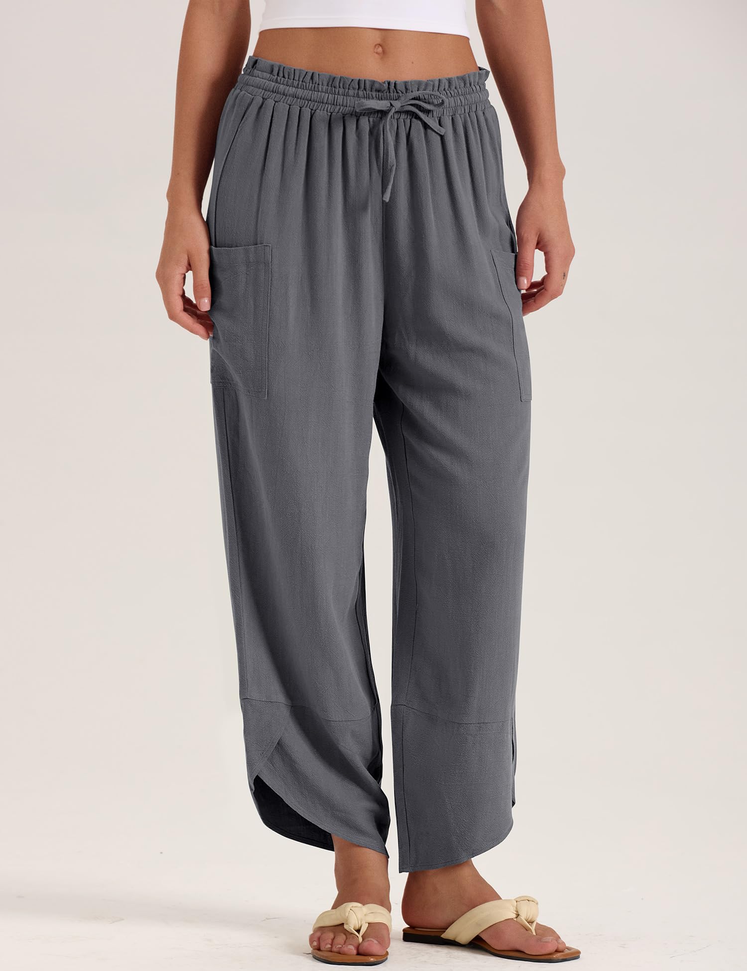 LOMON Women Linen Palazzo Pants Boho Wide Leg Elastic Waisted Casual Capri Pant Summer Harem Lounge with Pockets
