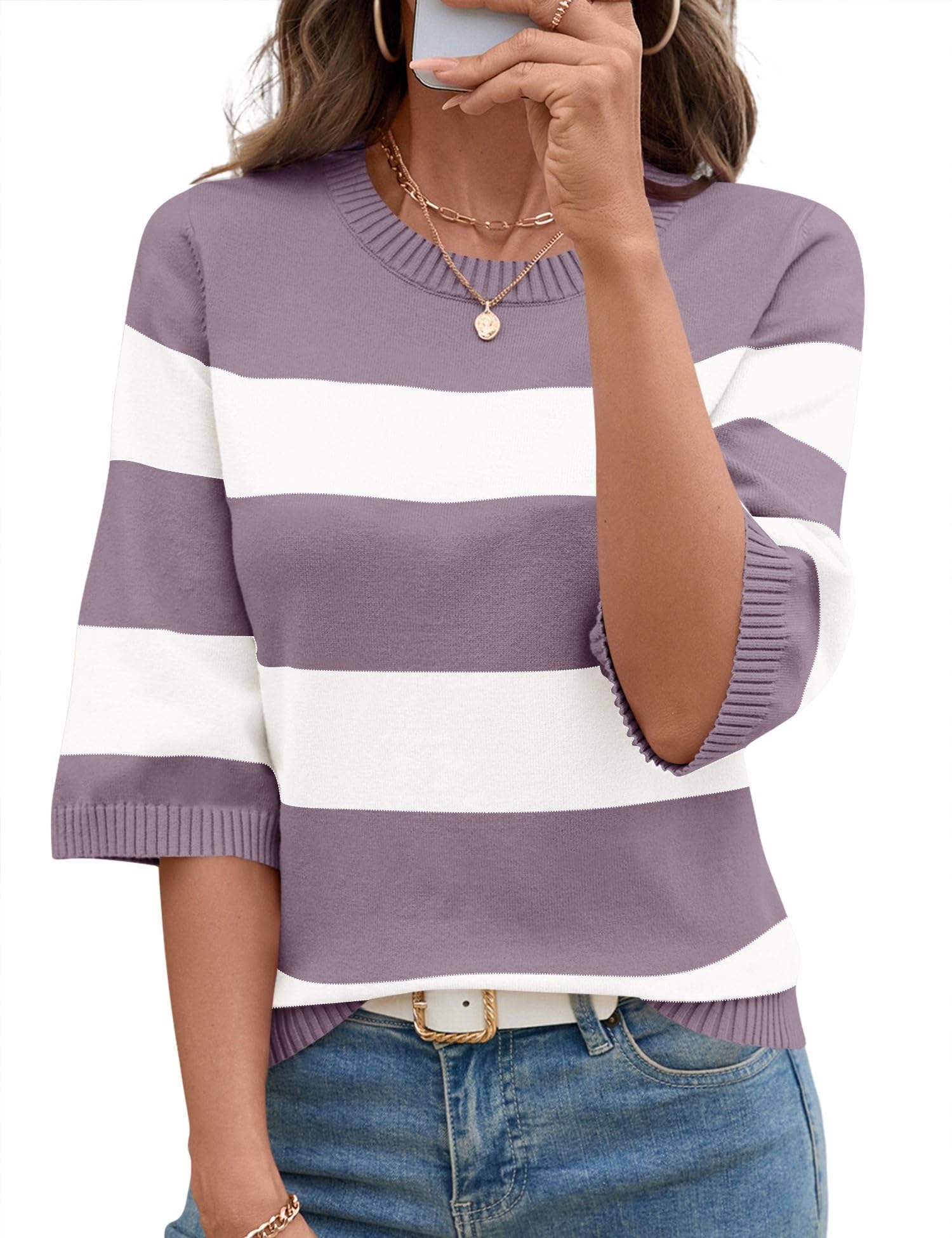 LOMON Womens Sweaters Casual Fall 2025 Crew Neck Striped 3/4 Sleeve Lightweight Knit Trendy Pullover Sweater Tops S-XL