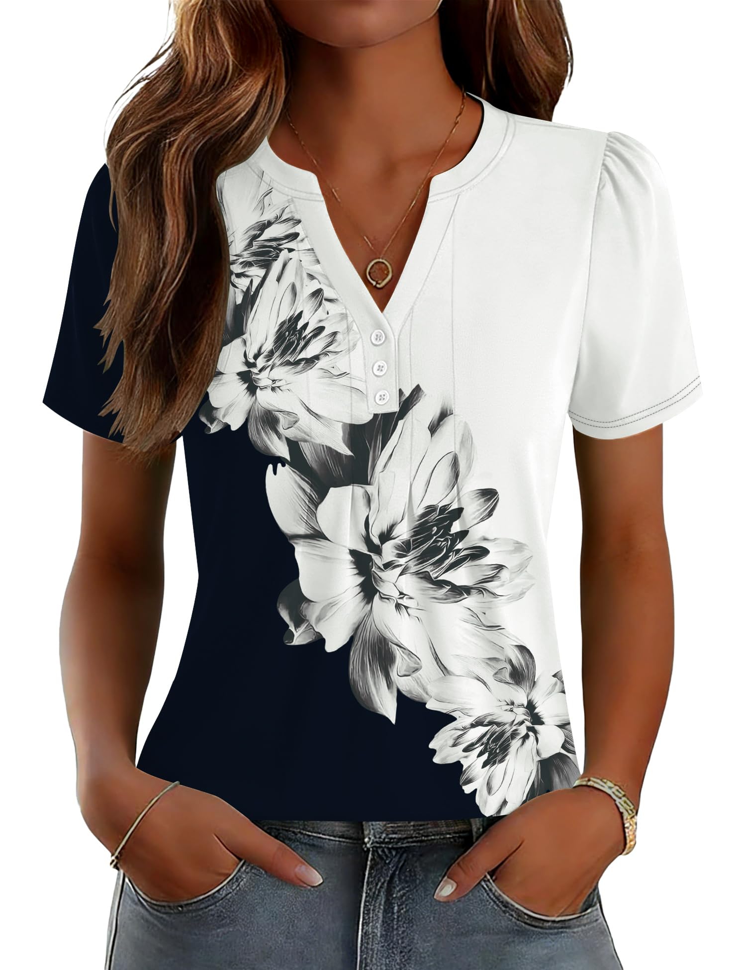 LOMON Womens Tops Dressy Casual V Neck Short Sleeve Shirts Summer Pleated Blouses Button Down Tunic Loose Fit