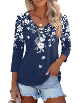 Lomon Women's V Neck T Shirts 3/4 Sleeve Blouse Summer Tops Dressy Casual Basic Tees