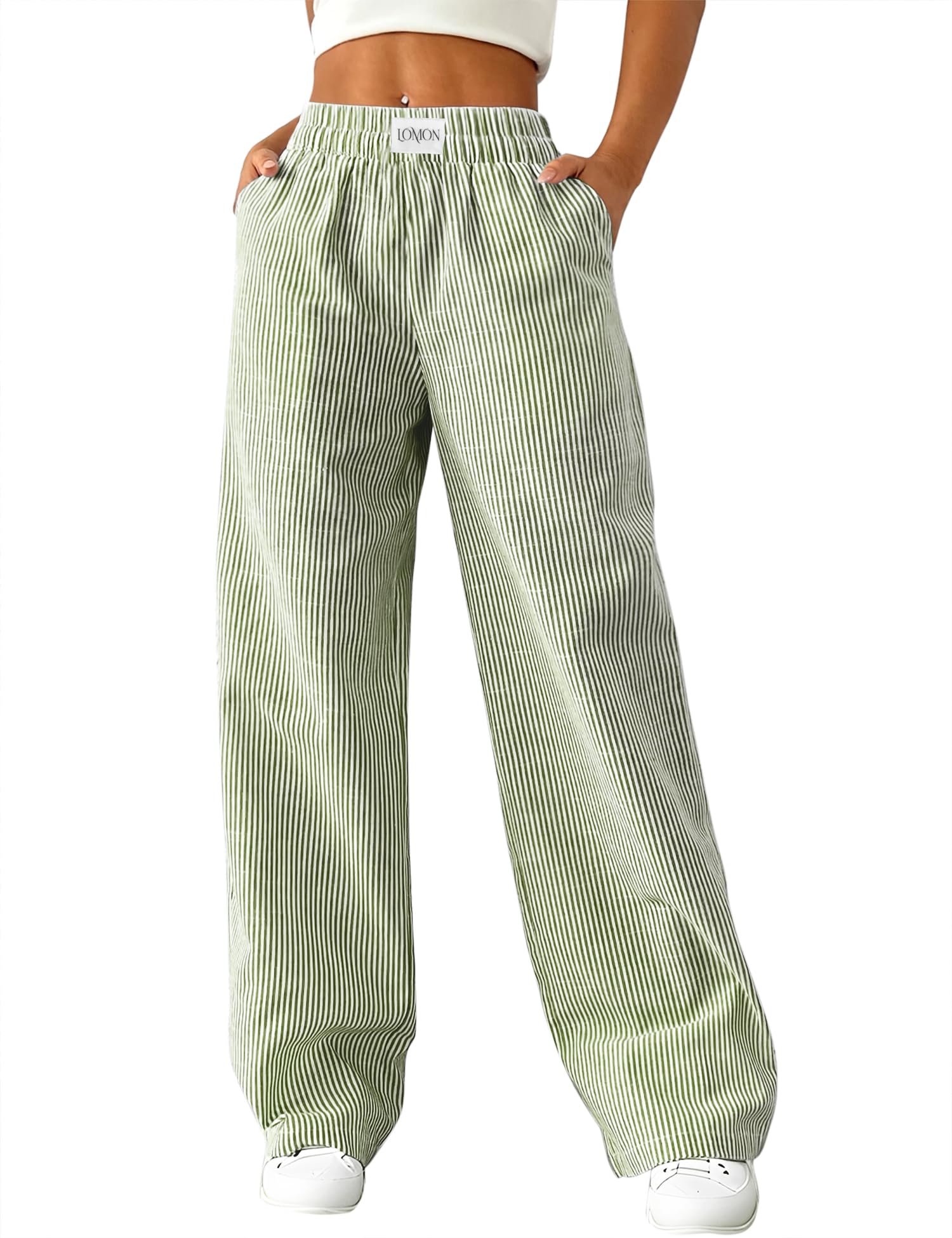 LOMON Womens Striped Gingham Boxer Pants Spring Summer Pajama Lounge Pj Casual Plaid Trousers Y2K Beach Bottoms with Pockets
