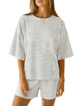LOMON Two Piece Sets for Women Summer 3/4 Sleeve Tops and Elastic Waist Shorts Pajamas Cute Comfy Soft Lounge Striped Pjs