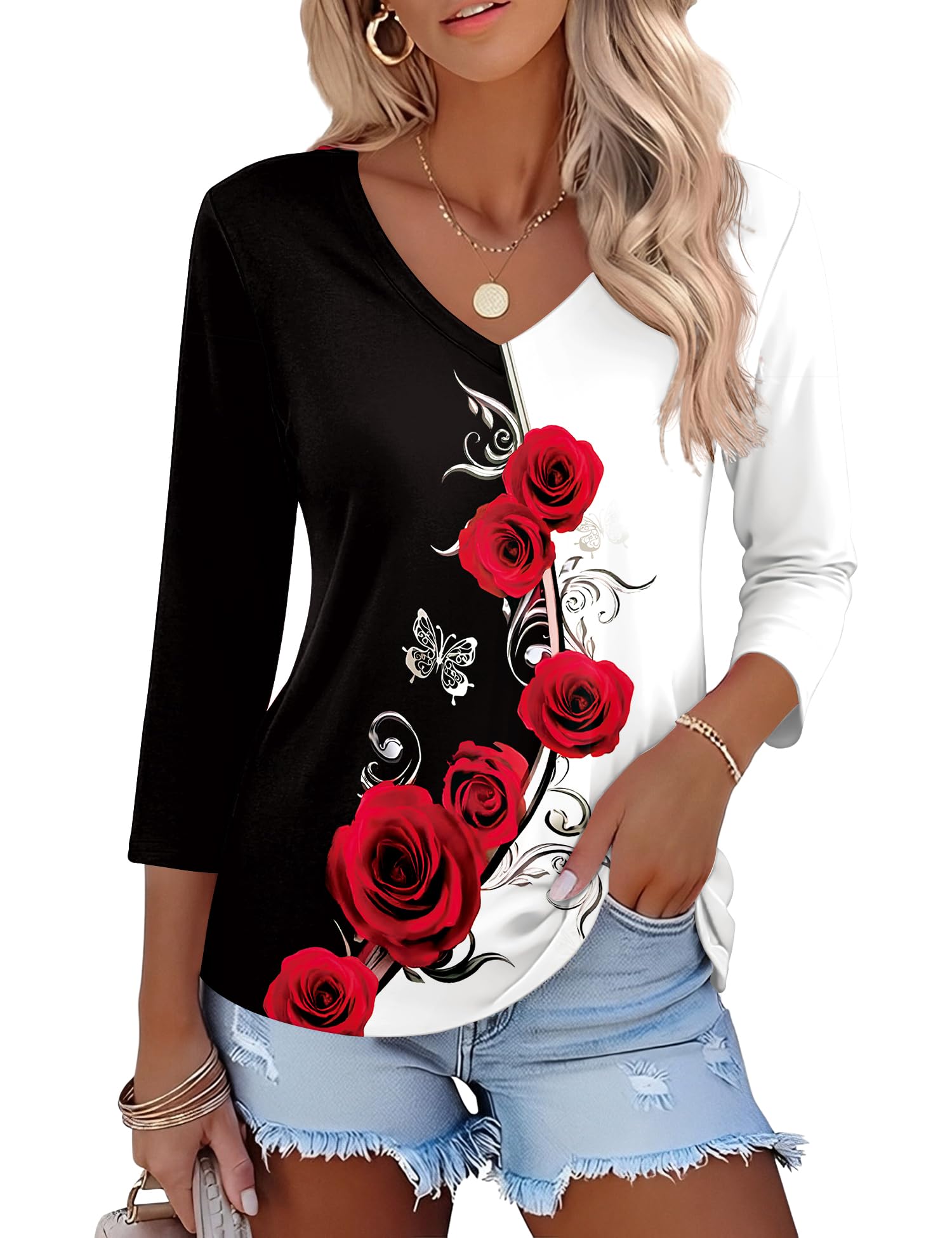 Lomon Women's V Neck T Shirts 3/4 Sleeve Blouse Summer Tops Dressy Casual Basic Tees