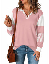 LOMON V Neck Long Sleeve Loose Sweaters Color Block Striped Knitted Pullover Jumper Tops