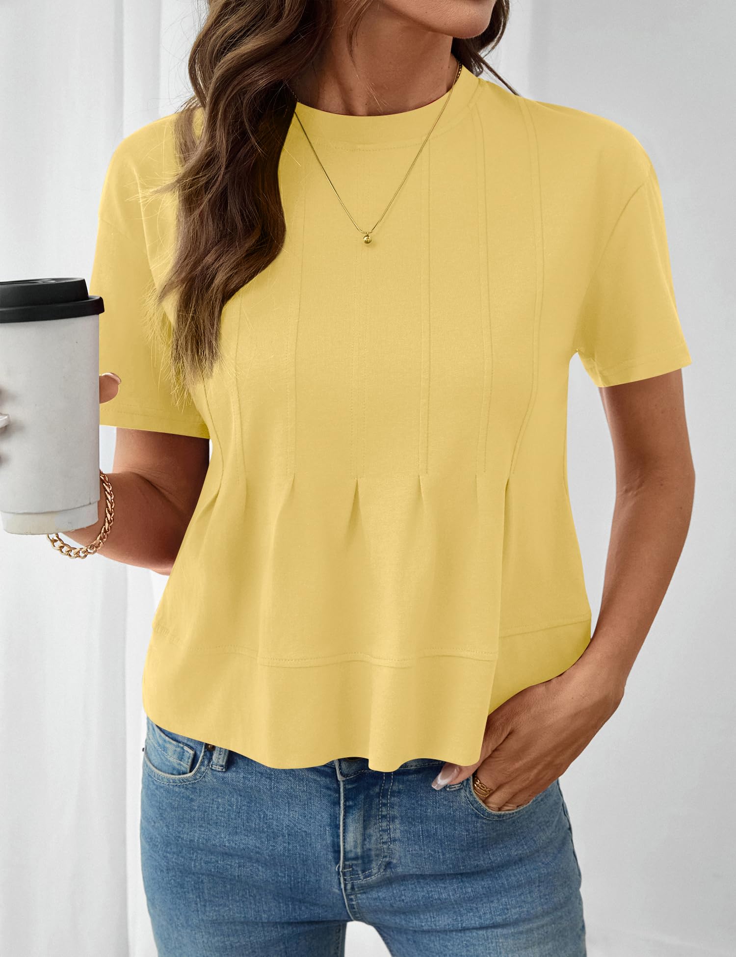 LOMON Spring Peplum Tops for Women Babydoll Pleated Short Sleeve Crop Swing Shirts Blouses Trendy Casual Clothing 2026