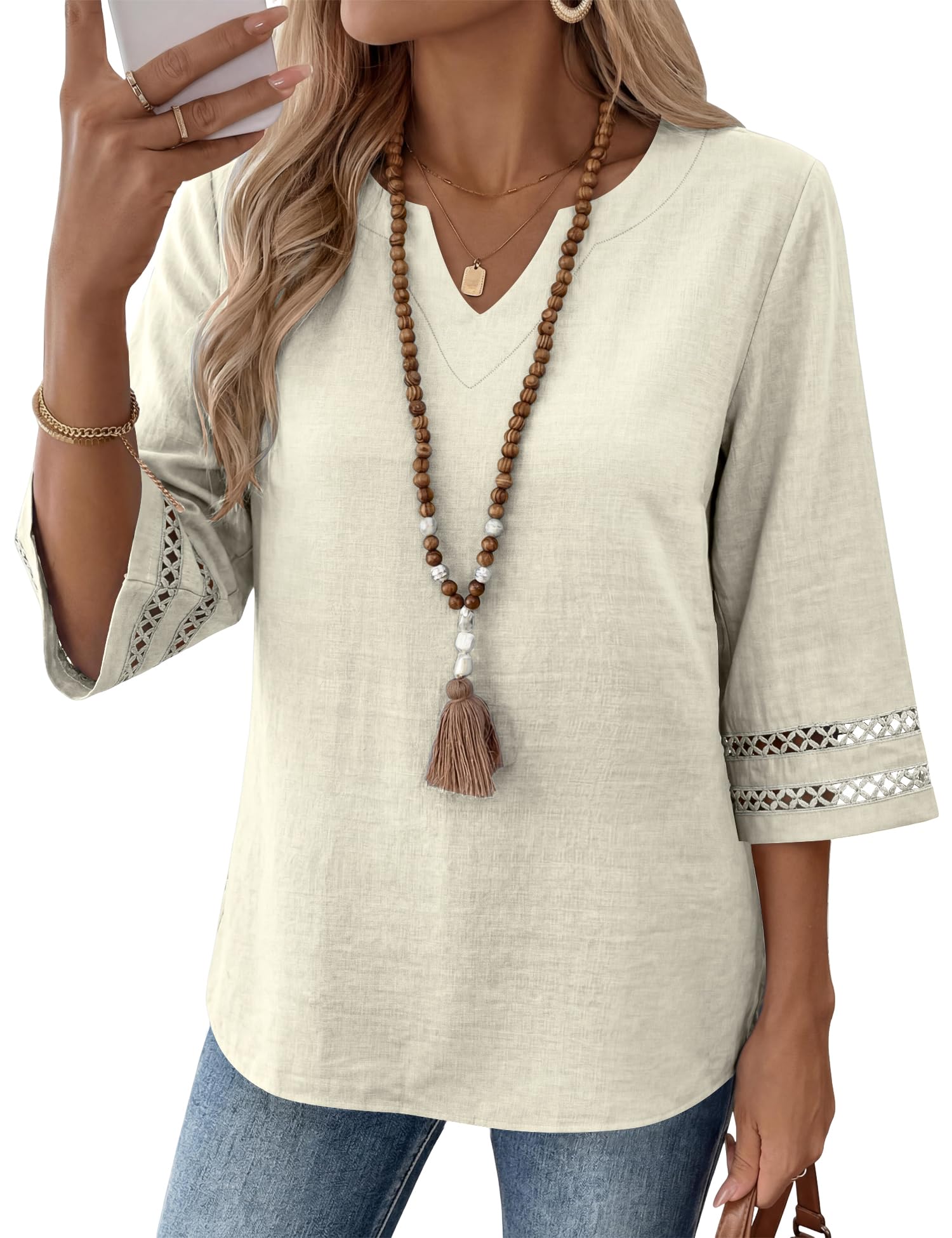 LOMON Womens 3/4 Sleeve V Neck Bohemian Blouses Casual Loose Fit Tunic Tops Vacation Clothes