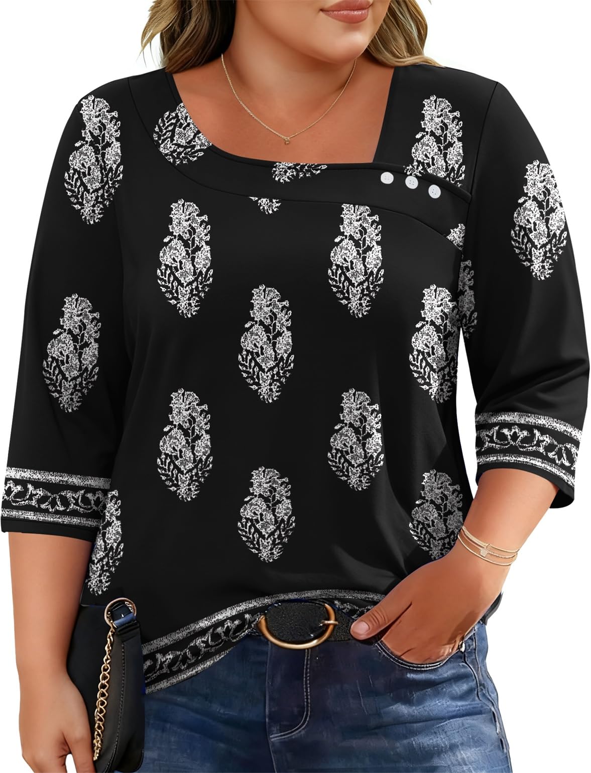 LOMON Womens Plus Size Tops 3/4 Length Sleeve T Shirts Asymmetrical Neck Blouses for Women Fashion 2026