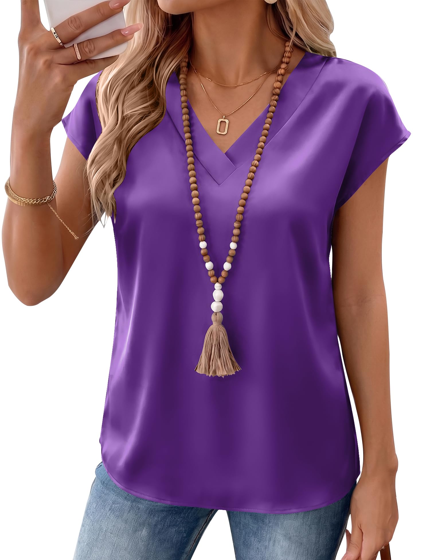 LOMON Women Silk Satin Tops Cap Short Sleeve Blouse V Neck Shirts Business Casual Outfits