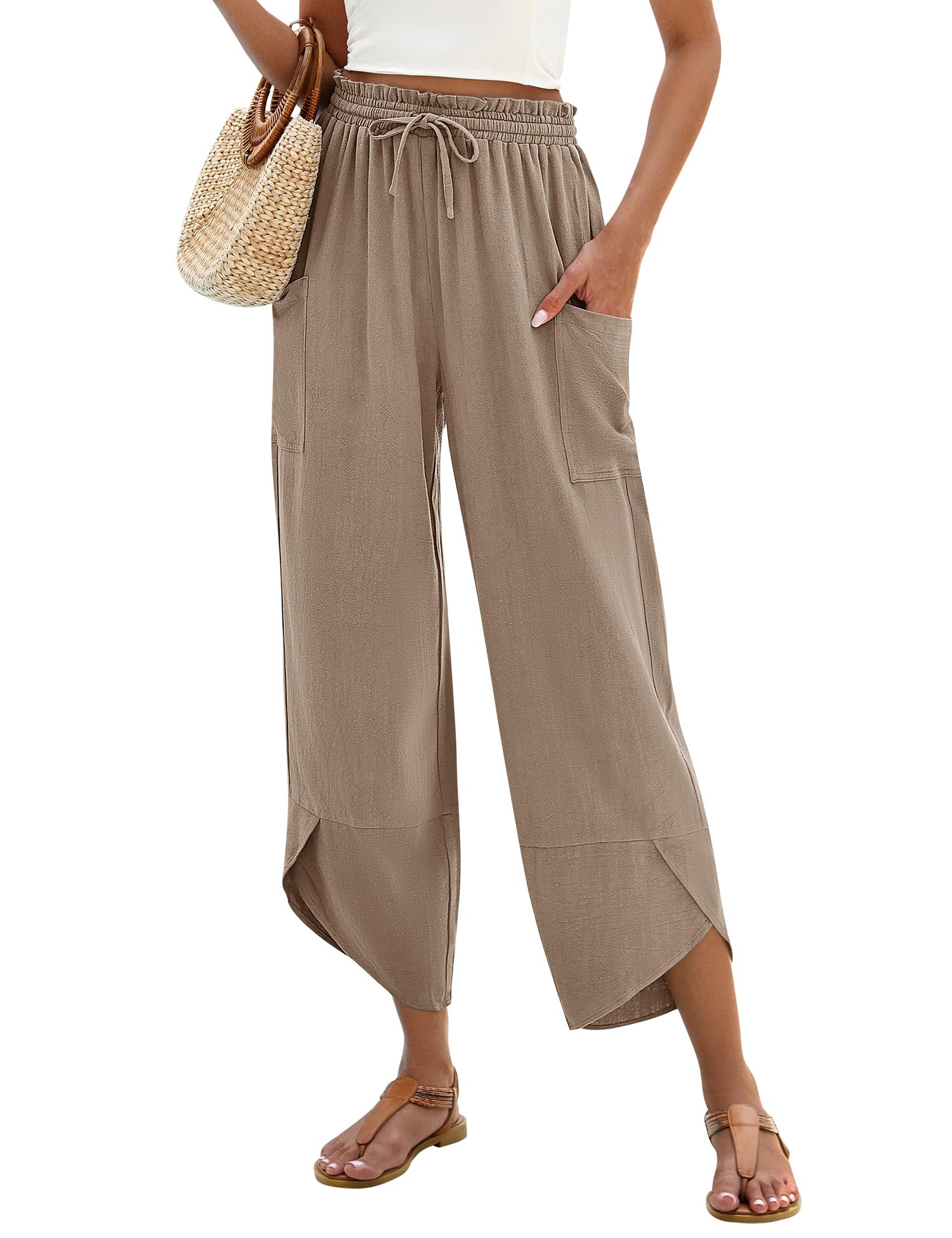 LOMON Women Linen Palazzo Pants Boho Wide Leg Elastic Waisted Casual Capri Pant Summer Harem Lounge with Pockets