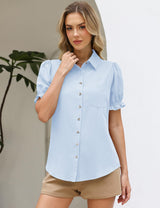 LOMON Linen Shirts for Women Puff Sleeve Button Down Summer Casual Cotton Linen Blouses Collared Work Tops Dressy