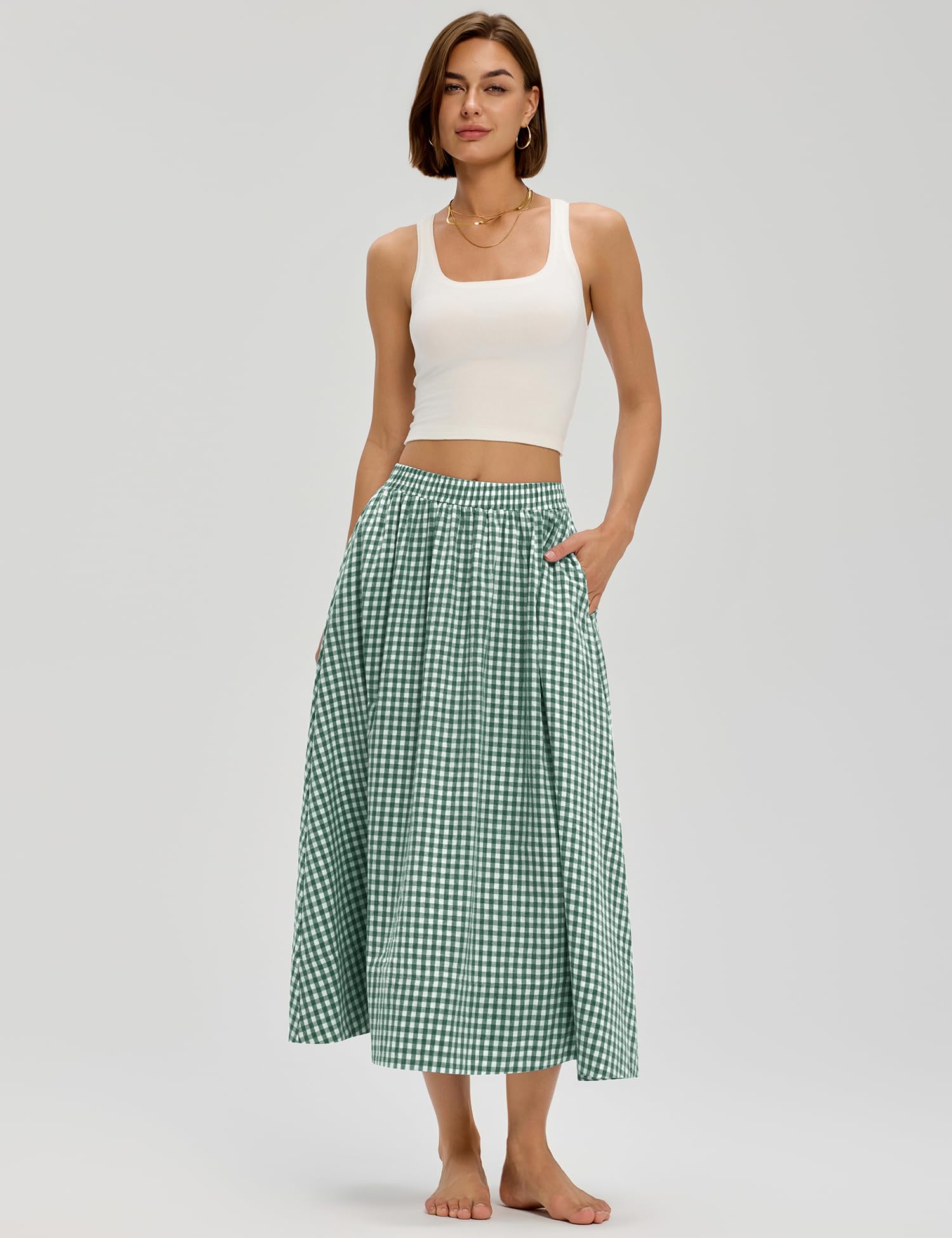 LOMON Midi Skirts for Women A-Line Cotton Flowy Maxi Skirt Boho Summer Beach Casual Elastic Waist Dress Outfit with Pockets