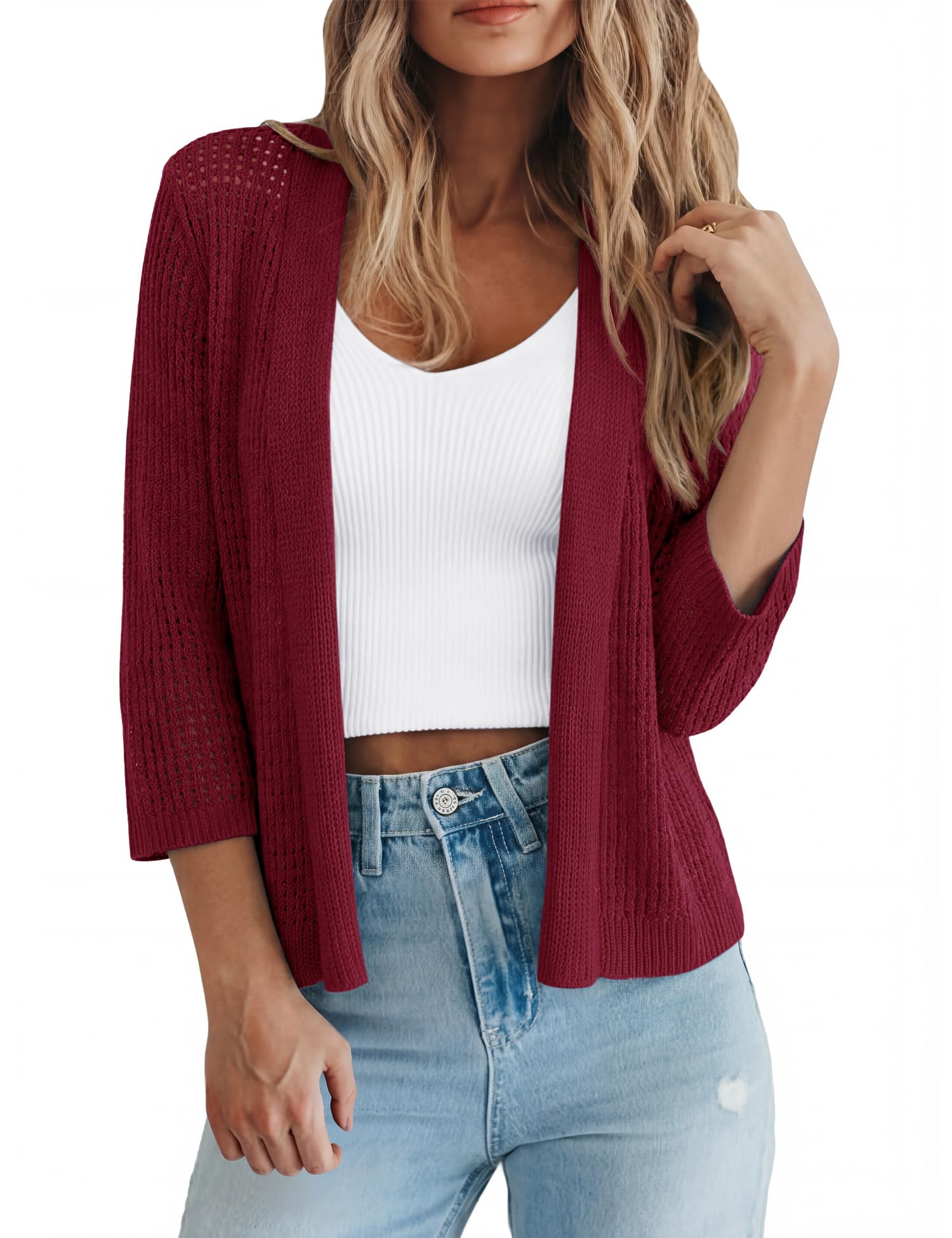 LOMON Shrug Cardigan for Women 3/4 Sleeve Casual Openwork Knit Sweater Tops Spring