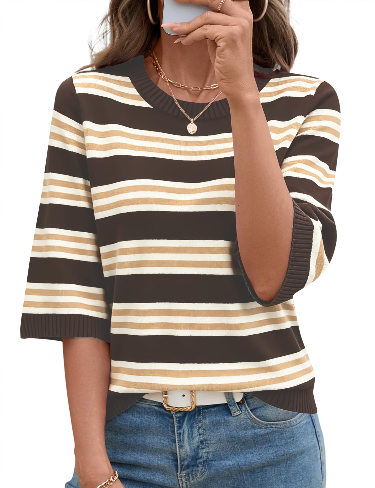 LOMON Womens Sweaters Casual Fall 2025 Crew Neck Striped 3/4 Sleeve Lightweight Knit Trendy Pullover Sweater Tops S-XL