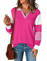 LOMON V Neck Long Sleeve Loose Sweaters Color Block Striped Knitted Pullover Jumper Tops