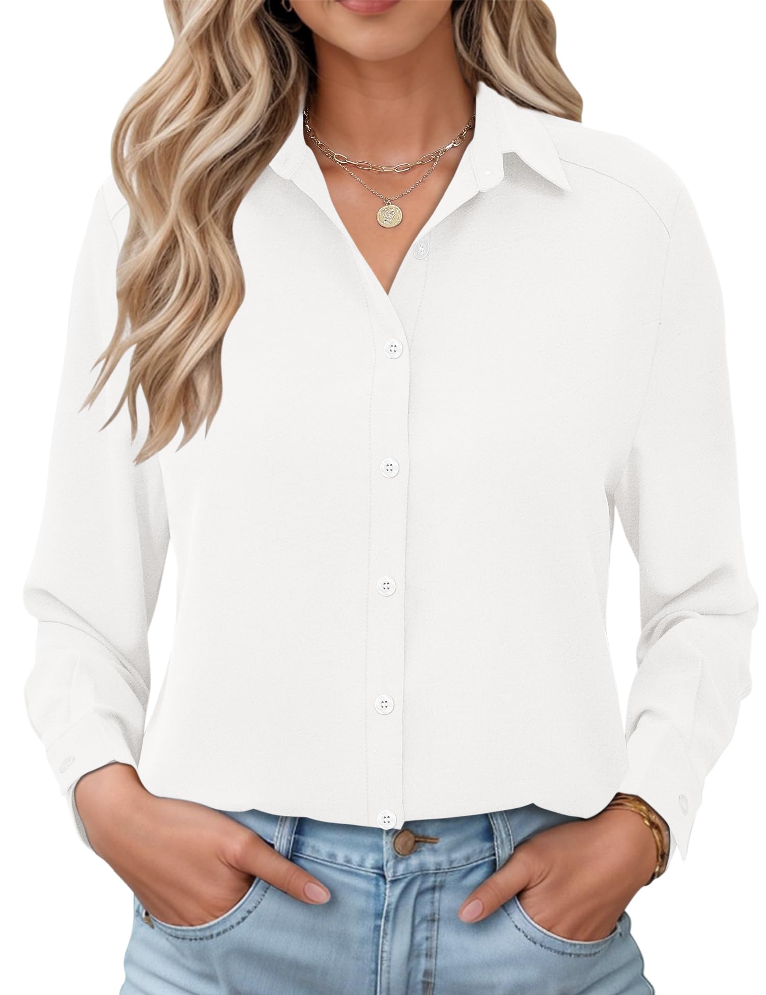 LOMON Womens Long Sleeve Button Down Shirts Casual Loose Fit Cotton Collared Blouses