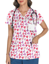 LOMON Women's V Neck Printed Scrub Top with 3 Pockets