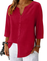 LOMON 3/4 Length Sleeve Womens Tops V Neck 3/4 Sleeve Sides Slit Button Down Shirts Cotton Linen Casual Loose Blouses