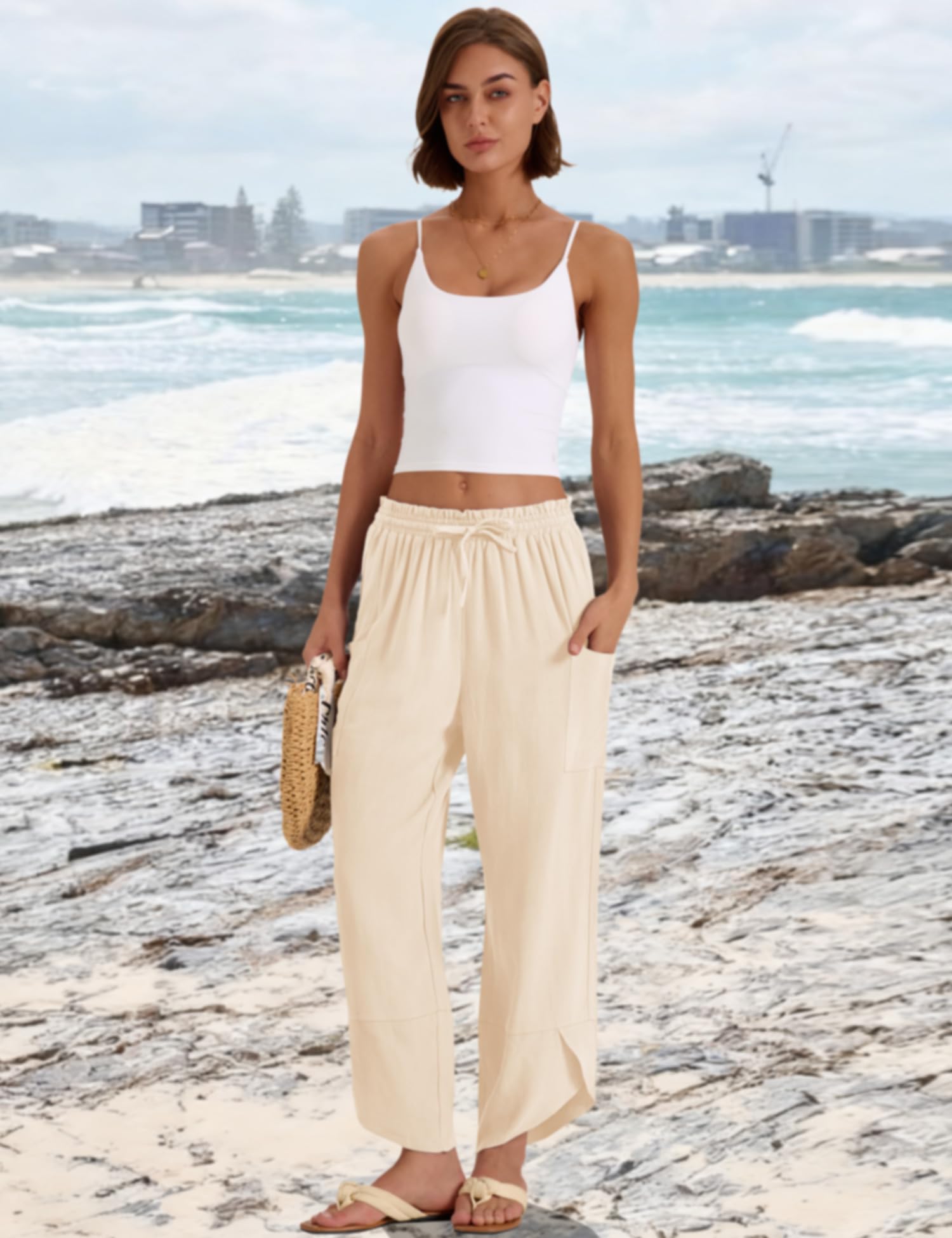 LOMON Women Linen Palazzo Pants Boho Wide Leg Elastic Waisted Casual Capri Pant Summer Harem Lounge with Pockets