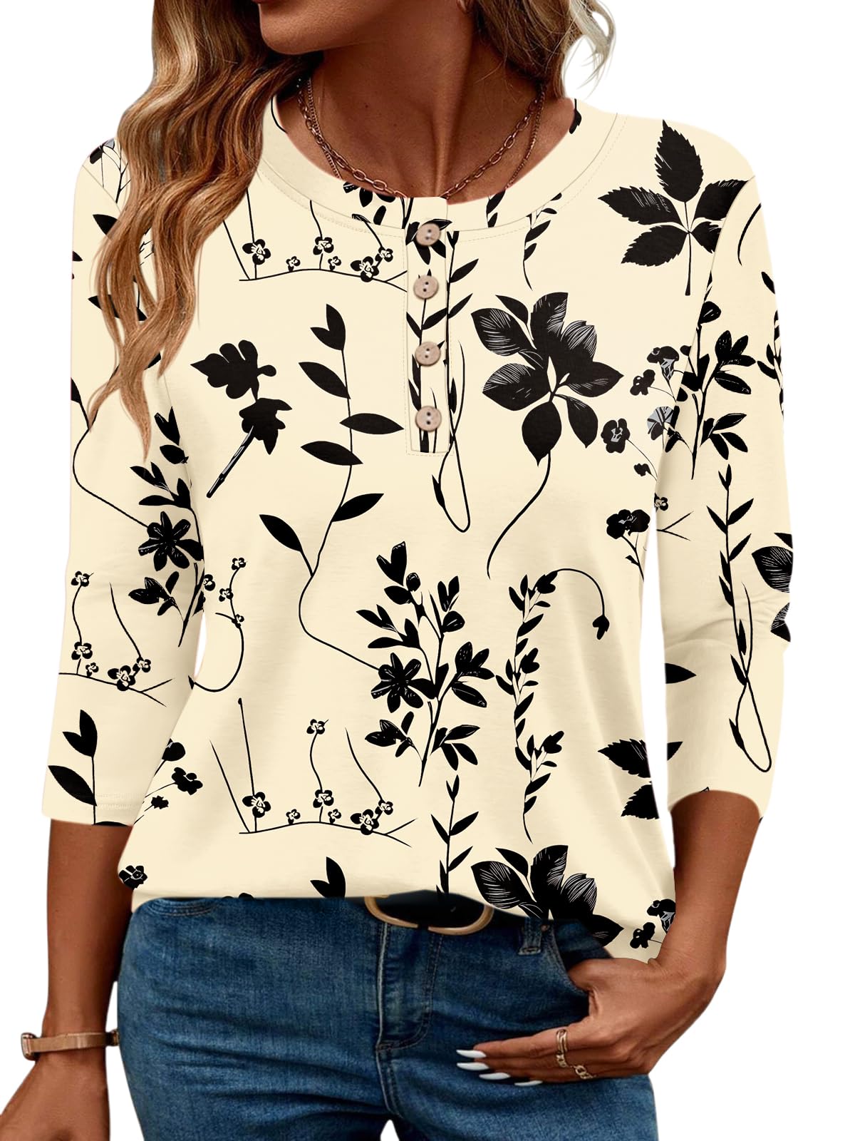 LOMON 3/4 Length Sleeve Womens Tops Dressy Casual Crewneck Pullover Tunics Summer Cute Blouses Fashion 2025 Tees Shirts