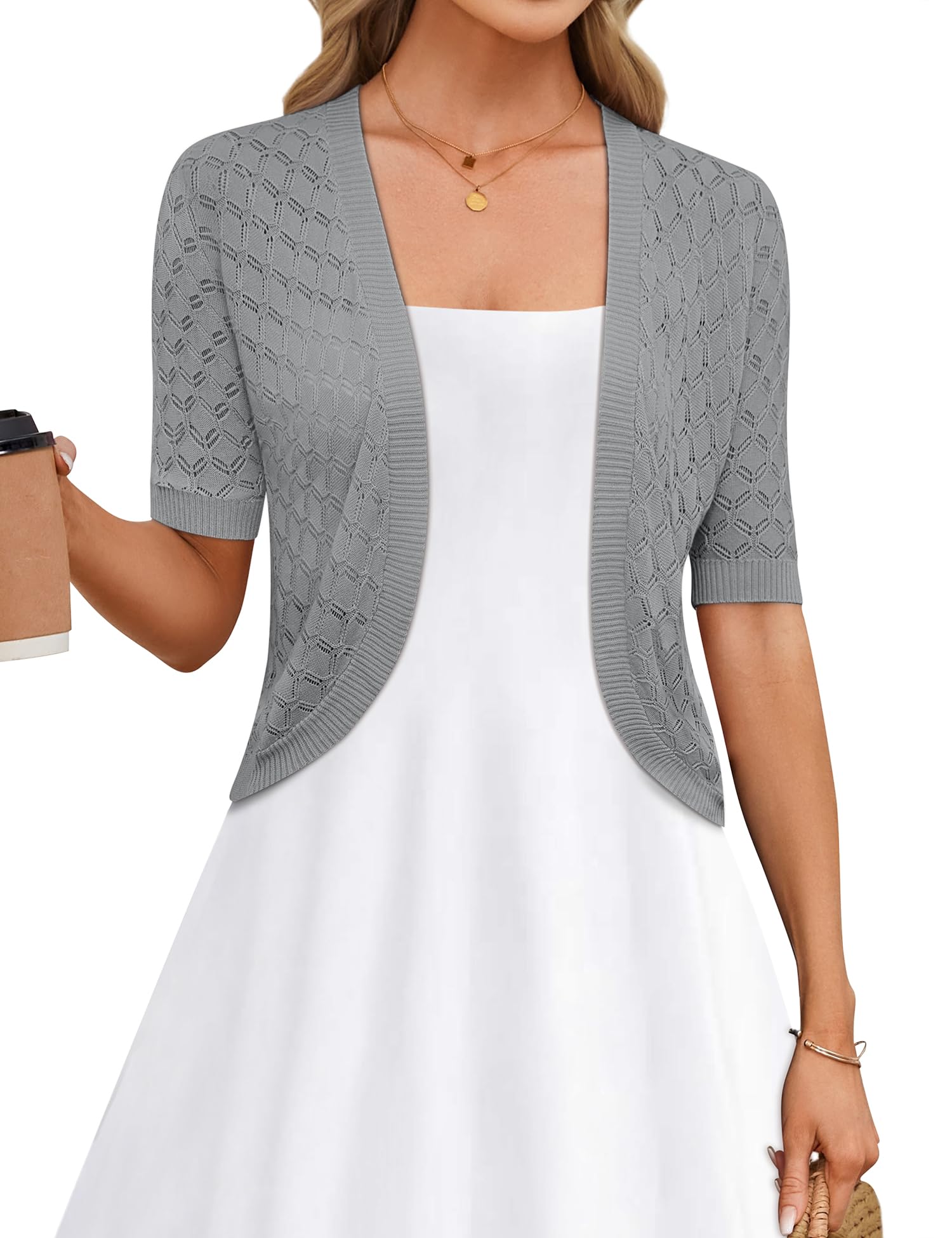 LOMON Womens Cropped Cardigan Short Sleeve Bolero Shrug Sweater Open Front Lightweight