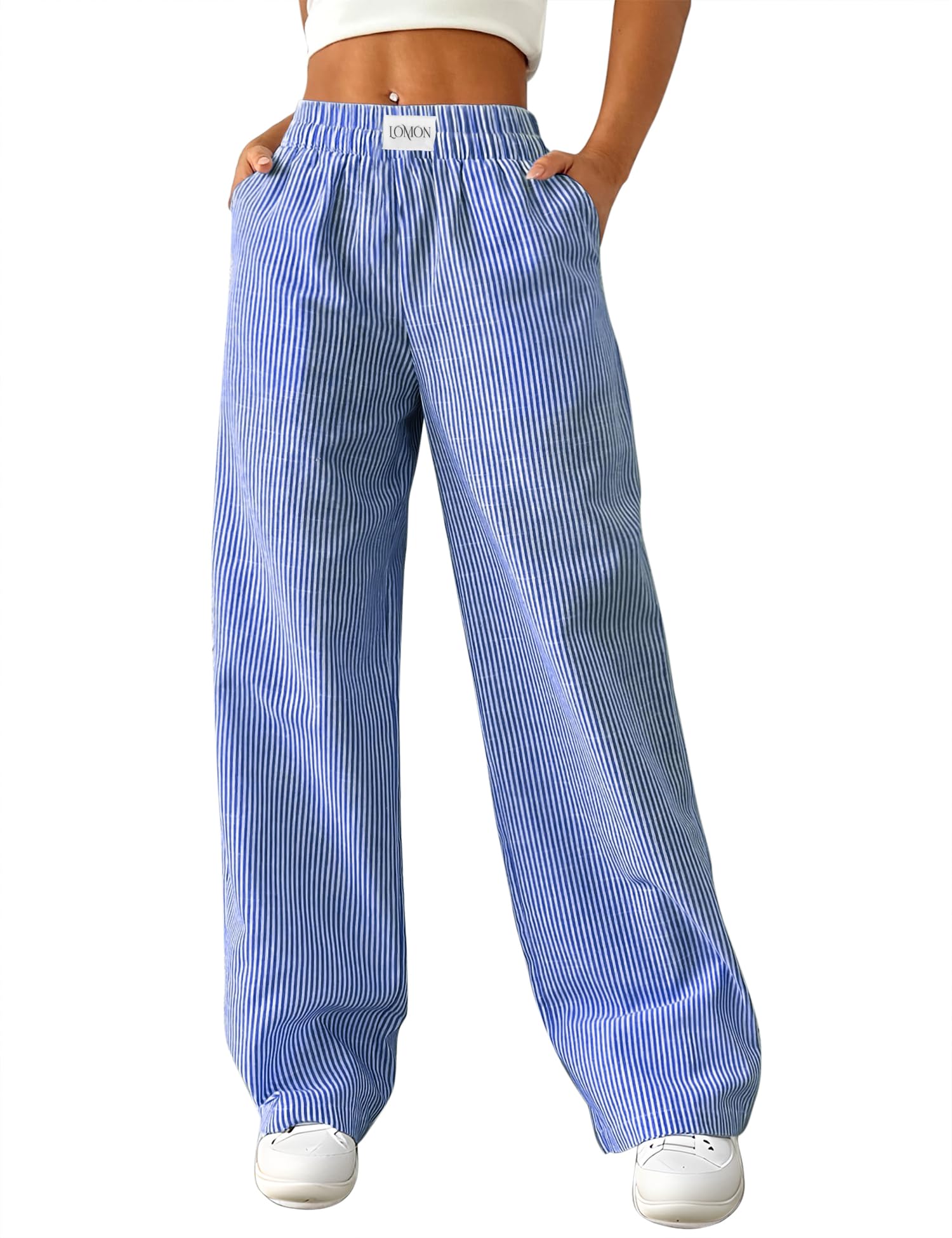 LOMON Womens Striped Gingham Boxer Pants Spring Summer Pajama Lounge Pj Casual Plaid Trousers Y2K Beach Bottoms with Pockets