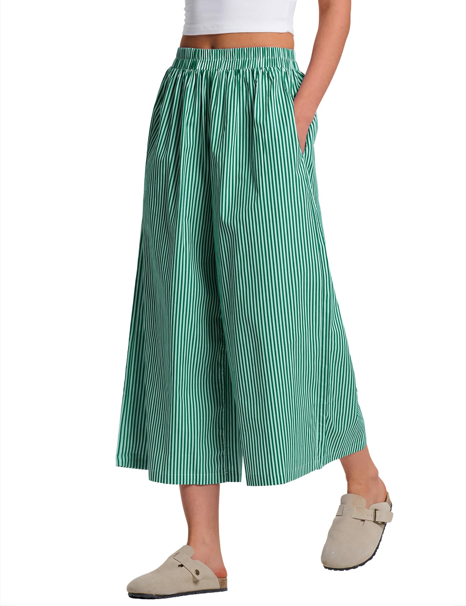 LOMON Womens Wide Leg Capri Pants Gingham Plaid Culottes Summer Elastic Waist Palazzo Trousers Bottoms with Pockets