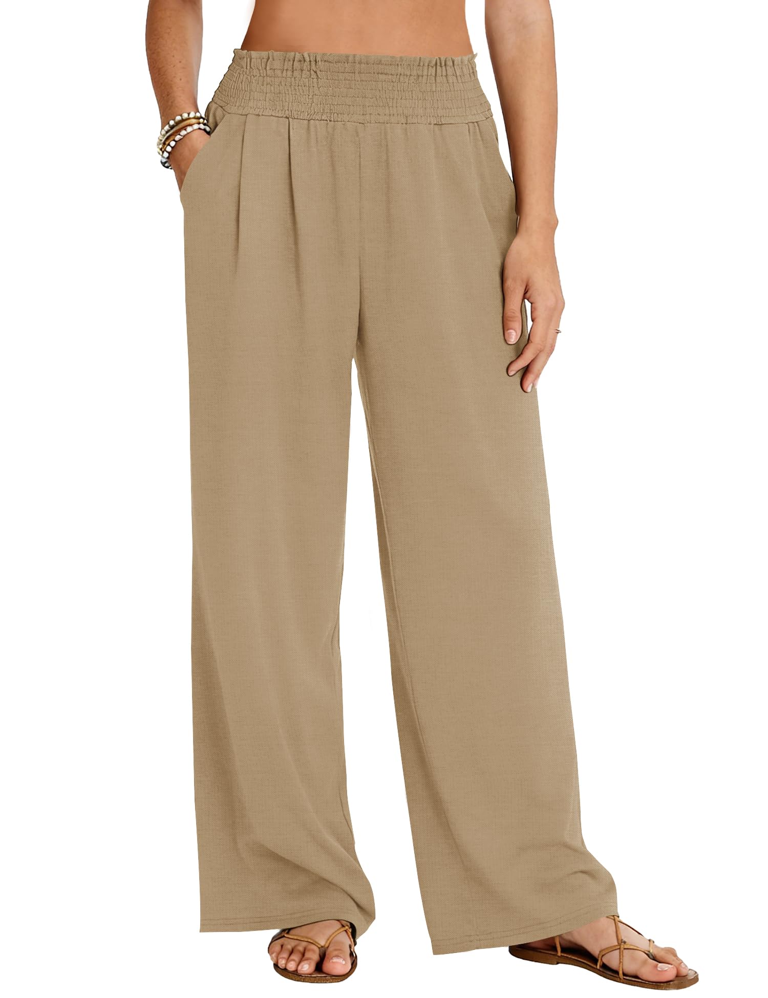 LOMON Womens Elastic High Waisted Palazzo Pants Casual Wide Leg Long Beach Vacation Trousers with Pockets
