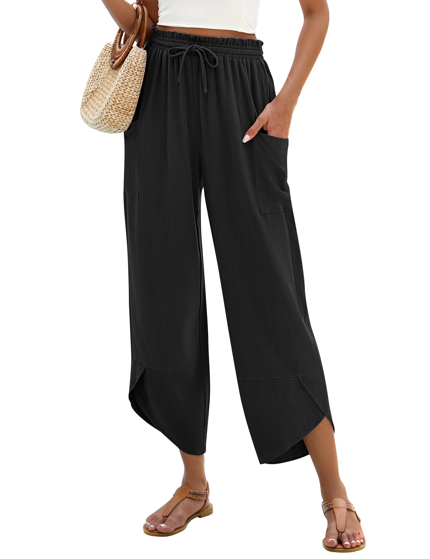 LOMON Women Linen Palazzo Pants Boho Wide Leg Elastic Waisted Casual Capri Pant Summer Harem Lounge with Pockets