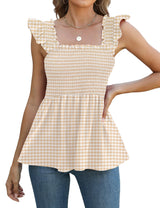 LOMON Womens Tank Tops Fashion Summer Ruffle Flying Sleeve Smocked Blouses Square Neck Sleeveless Shirts Babydoll Shirt