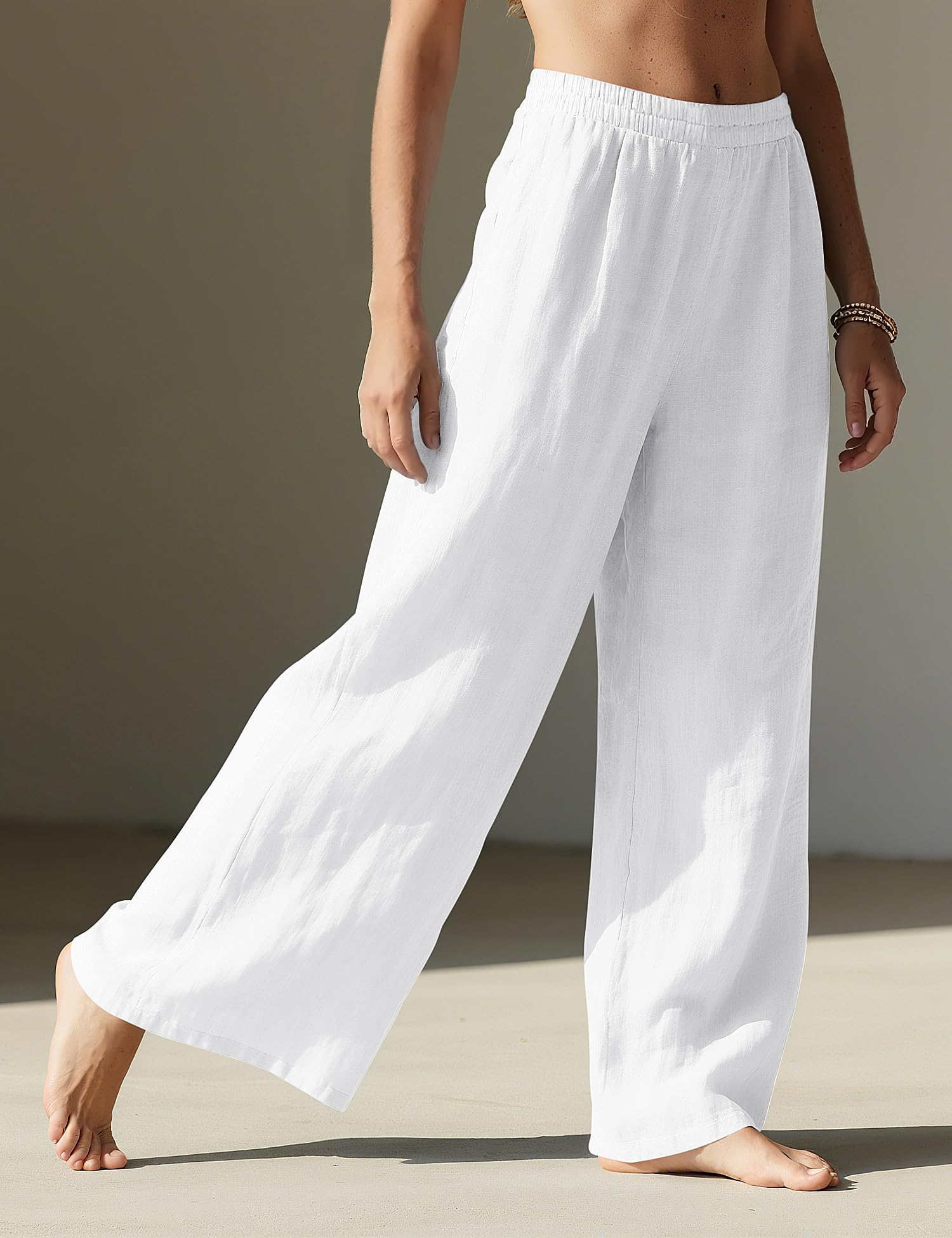 LOMON Linen Pants Women Wide Leg Palazzo Summer Flowy Pants Beach Vacation Clothes Elastic Waist Travel Trousers with Pockets