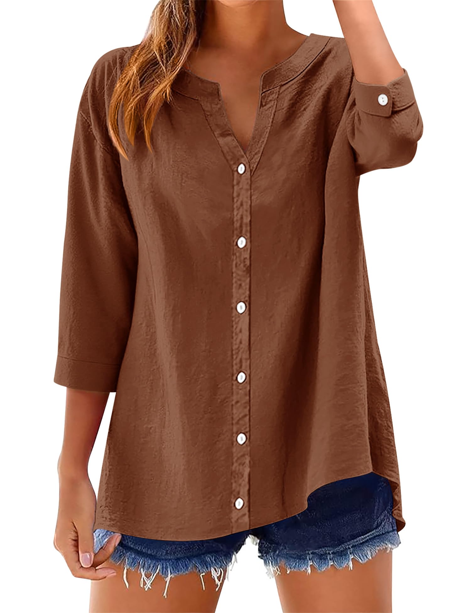 LOMON Womens 3/4 Sleeve Button Down Shirts Cotton Linen Roll Up Short Sleeve Tops V Neck Casual Loose Fit Blouses