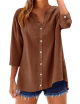 LOMON Womens 3/4 Sleeve Button Down Shirts Cotton Linen Roll Up Short Sleeve Tops V Neck Casual Loose Fit Blouses