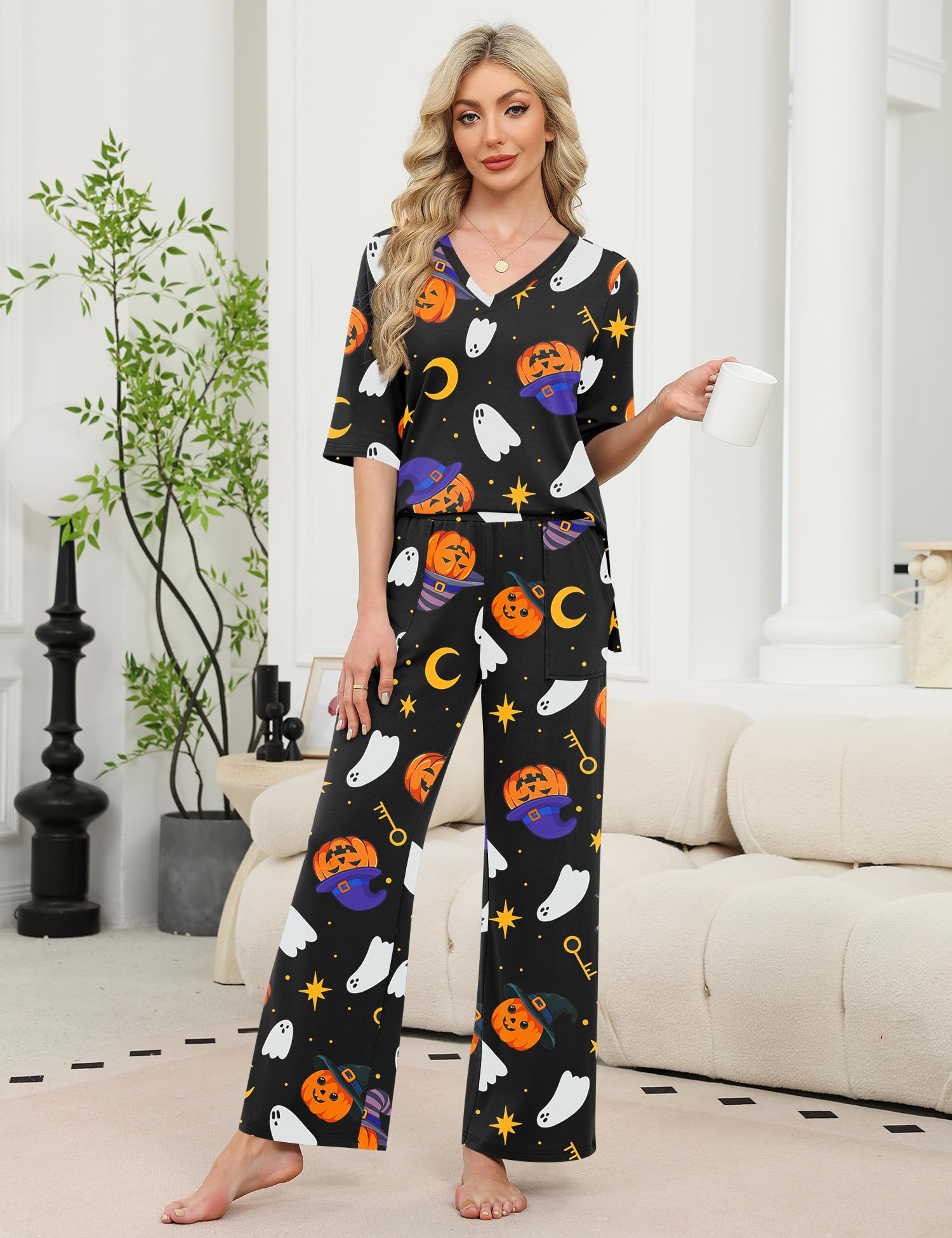LOMON Women's 2 Piece Lounge Pajama Sets Soft 3/4 Sleeve Tops and Wide Leg Pants Loose Casual Outfits with Pockets