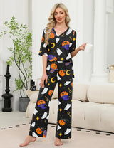 LOMON Women's 2 Piece Lounge Pajama Sets Soft 3/4 Sleeve Tops and Wide Leg Pants Loose Casual Outfits with Pockets
