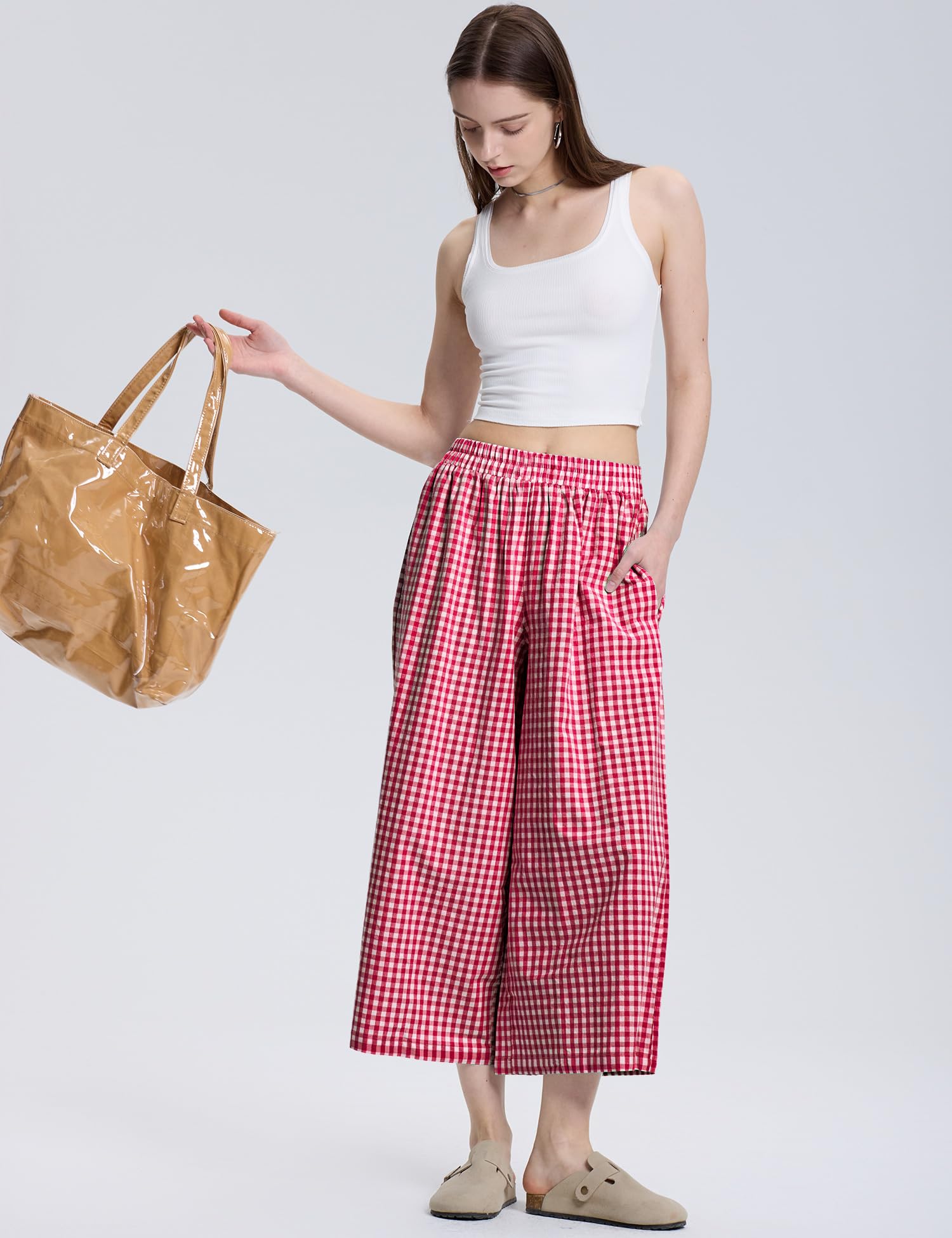 LOMON Womens Wide Leg Capri Pants Gingham Plaid Culottes Summer Elastic Waist Palazzo Trousers Bottoms with Pockets