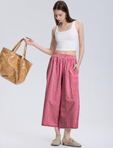 LOMON Womens Wide Leg Capri Pants Gingham Plaid Culottes Summer Elastic Waist Palazzo Trousers Bottoms with Pockets