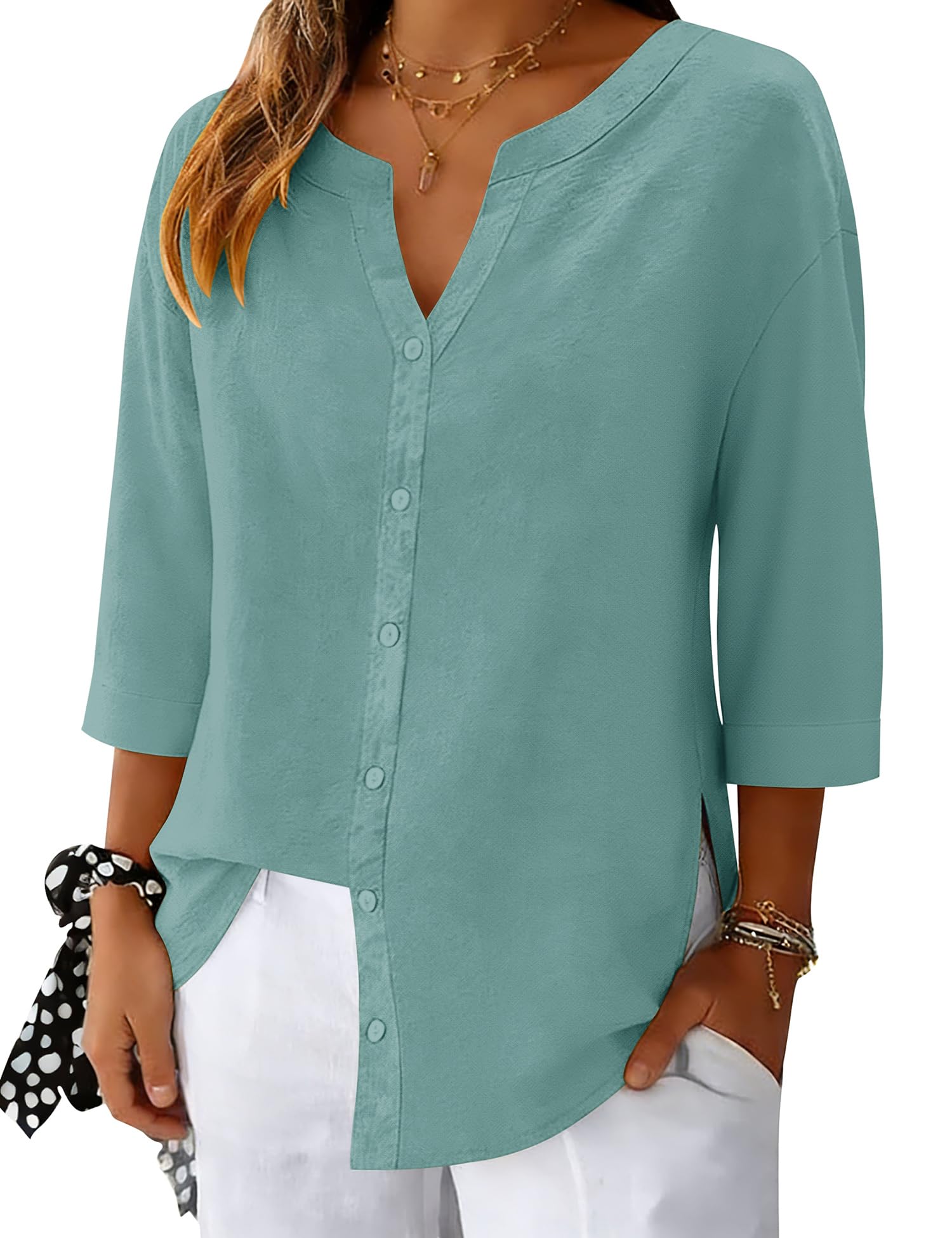 LOMON 3/4 Length Sleeve Womens Tops V Neck 3/4 Sleeve Sides Slit Button Down Shirts Cotton Linen Casual Loose Blouses