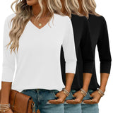 LOMON 3 Pack Tops for Women 3/4 Sleeve V Neck Basics Tees Business Casual Summer T Shirts