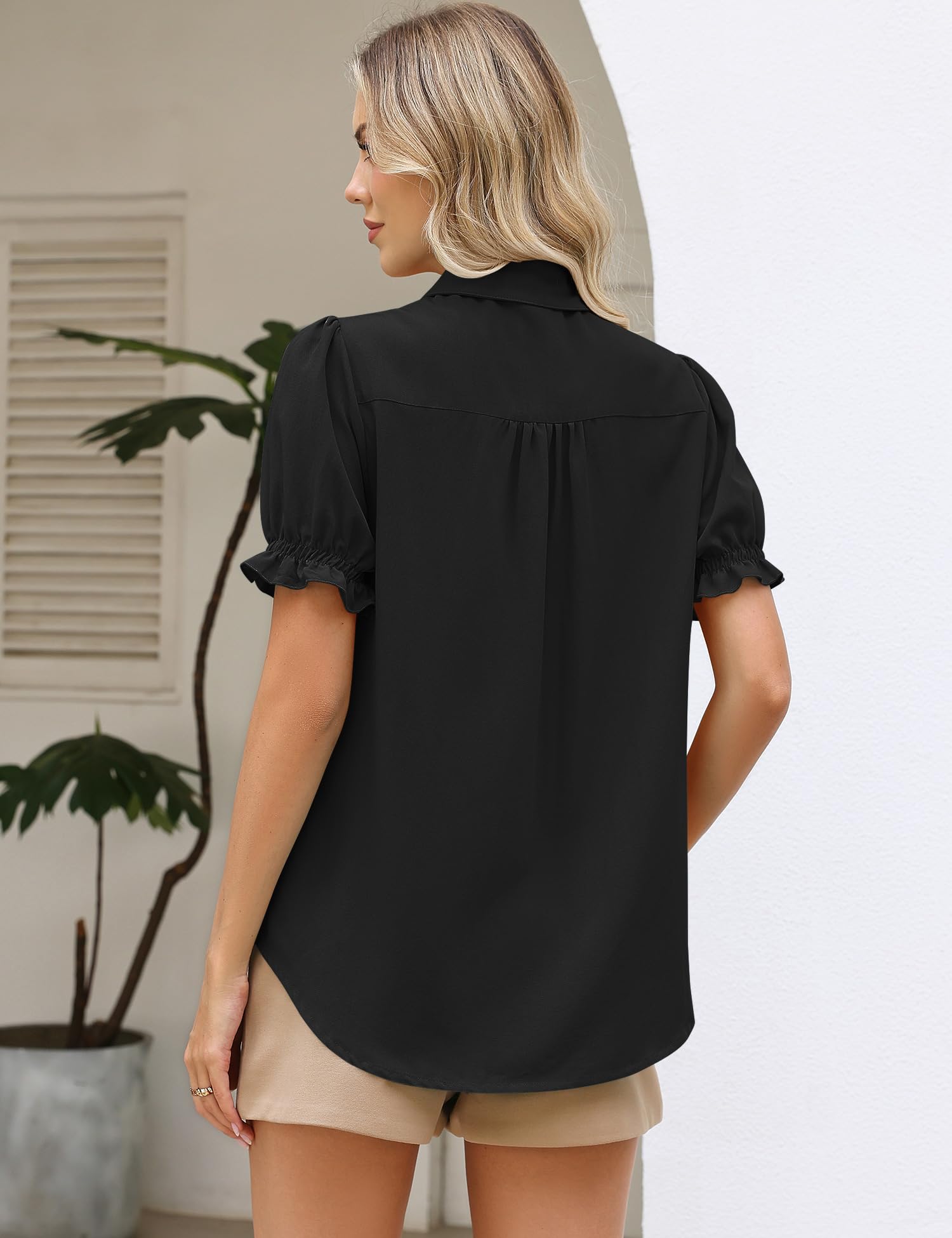 LOMON Linen Shirts for Women Puff Sleeve Button Down Summer Casual Cotton Linen Blouses Collared Work Tops Dressy