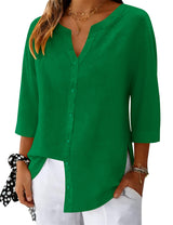 LOMON 3/4 Length Sleeve Womens Tops V Neck 3/4 Sleeve Sides Slit Button Down Shirts Cotton Linen Casual Loose Blouses