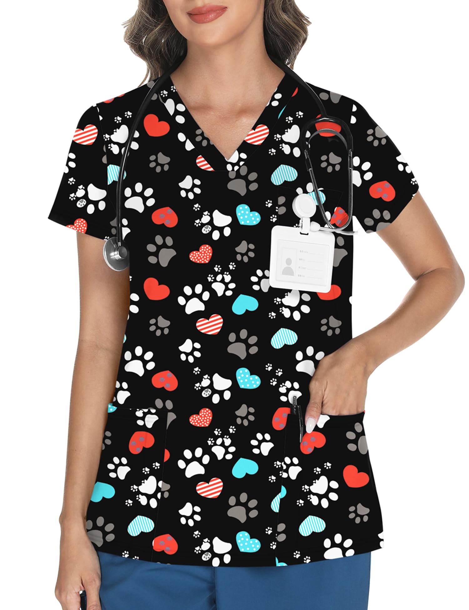 LOMON Women's V Neck Printed Scrub Top with 3 Pockets