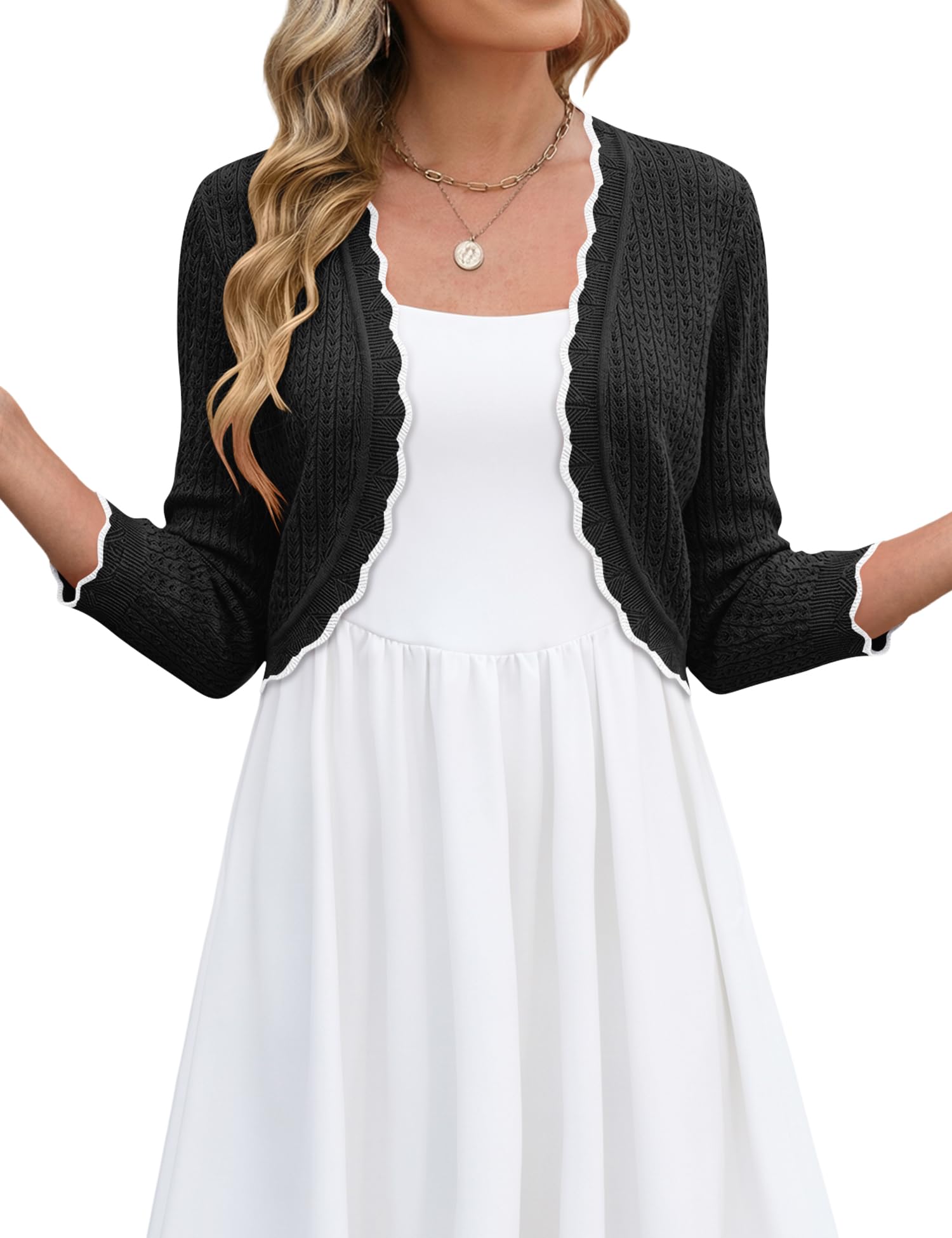 LOMON Women's 3/4 Sleeve Cropped Cardigan Knit Sweaters Trendy Open Front Bolero Shrugs for Dresses S-XXL