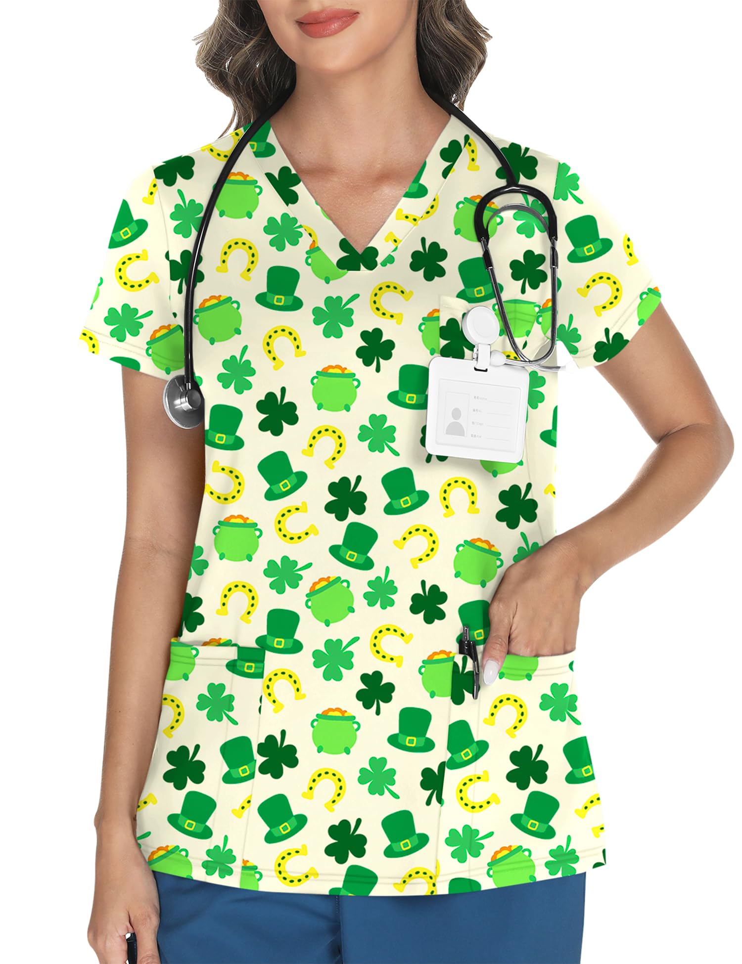LOMON Women's V Neck Printed Scrub Top with 3 Pockets