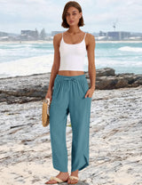 LOMON Women Linen Palazzo Pants Boho Wide Leg Elastic Waisted Casual Capri Pant Summer Harem Lounge with Pockets
