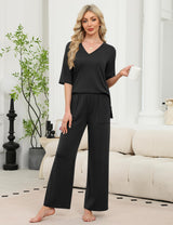 LOMON Women's 2 Piece Lounge Pajama Sets Soft 3/4 Sleeve Tops and Wide Leg Pants Loose Casual Outfits with Pockets