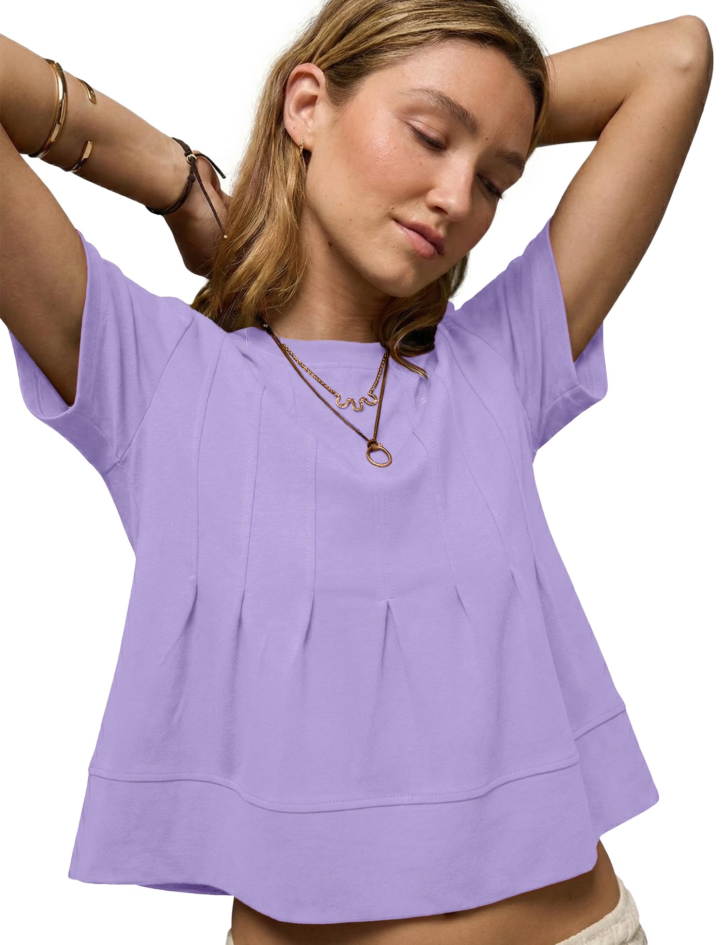 LOMON Spring Peplum Tops for Women Babydoll Pleated Short Sleeve Crop Swing Shirts Blouses Trendy Casual Clothing 2026